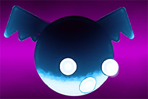 A stylized, cartoonish black sphere with bat-like wings and large white eyes set against a vibrant purple background