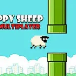 A cute cartoon sheep flying through green pipes in a bright blue sky, featuring the title Flappy Sheep Multiplayer at the top of the image