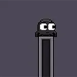 A simple pixel art character with large eyes sits atop a tall, narrow platform against a dark background