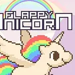 A colorful pixel art unicorn with a rainbow mane flying against a pastel background, accompanied by the title Flappy Unicorn and a rainbow above