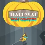 A cartoon-style cat character wearing goggles is suspended from a large yellow pumpkin, showcasing the title Flappy Cat: Crazy Halloween in a playful design