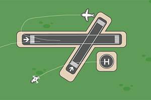 A minimalistic illustration of an airport layout featuring two intersecting runways, a helicopter pad, and two airplanes in flight