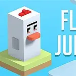 A cartoon-style, cubic chicken character with a red comb and a duck-like beak on a colorful platform, accompanied by the text FLIP JUMP against a bright blue background