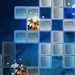 A digital puzzle featuring empty tiles and images of sushi, set against a blue background with decorative stars