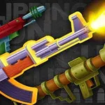 A stylized illustration featuring various colorful cartoonish weapons, including an assault rifle and rocket launcher, with one weapon emitting flames, set against a dark background with the words FLIPPING and GAMING partially visible