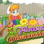 The image features a colorful cartoon scene with a girl watering flowers and a man in a bowtie, accompanied by vibrant flowers and the title Flower Dimensions in decorative lettering