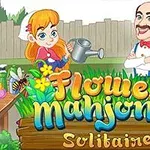 A vibrant game illustration featuring a young girl with a watering can alongside a mustachioed man, set against a garden backdrop, with the title Flower Mahjong Solitaire prominently displayed in colorful text