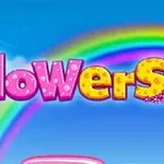 A colorful, cartoon-style graphic featuring the word flowers in playful, pink letters with decorative elements and a rainbow in the background