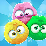 Three colorful, fluffy characters with large eyes are grouped together against a bright, radiant blue background, featuring pink, green, and orange hues