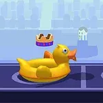 A bright yellow rubber duck floats in a cartoonish setting with a crown hovering above it, set against a simple blue background