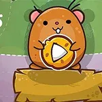 A cute cartoon hamster with pink ears is holding a golden coin while standing on a wooden platform, set against a colorful, whimsical background