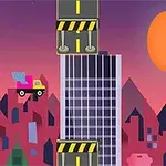 A colorful, animated cityscape featuring a cartoon-style truck navigating obstacles, such as raised road sections and a large orange sun setting behind stylized mountains and buildings