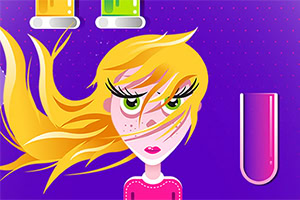 A vibrant, cartoon-style illustration of a girl with long blonde hair and green eyes, set against a purple background with colorful test tubes