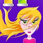 A vibrant, cartoon-style illustration of a girl with long blonde hair and green eyes, set against a purple background with colorful test tubes