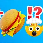 A colorful graphic featuring a soda bottle, a hamburger, and an emoji with a surprised expression, set against a bright blue background