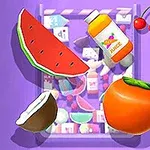 A vibrant assortment of colorful fruits including a watermelon, orange, coconut, cherries, and a bottle of juice set against a playful purple background