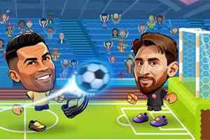 Cartoon soccer player kicking a glowing ball toward a goalkeeper in a stadium