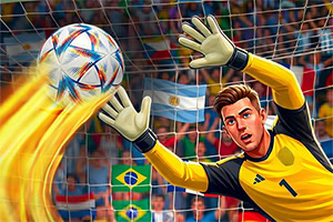 Goalkeeper in a yellow jersey diving to block a flaming soccer ball in front of a crowded net