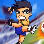 A cartoon character with spiky hair is kicking a soccer ball on a blurred field background, showcasing an action-packed soccer scene