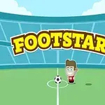 A cartoonish soccer game interface featuring a character in a red jersey and the title FOOTSTAR prominently displayed above them, set on a green soccer field with a blue sky in the background