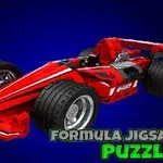 A vibrant red toy race car with large wheels, featuring sleek design elements and a bold racing stripe, set against a blue background with Formula Jigsaw Puzzle text prominently displayed