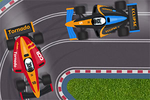 Two colorful race cars are speeding around a curved racetrack, with one car in red and yellow labeled Tornado and the other in blue and orange labeled Eclipse