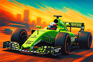 A vibrant, stylized race car in bright green and black speeds through an abstract urban landscape at sunset, with a driver wearing a helmet visible inside the cockpit