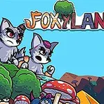 The image features colorful cartoon characters from the game Foxyland 2, including foxes and wolves among whimsical landscapes with trees, mushrooms, and a building, emphasizing a playful and adventurous theme