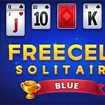 Freecell Solitaire game interface featuring playing cards and a trophy icon, with the title Freecell Solitaire Blue prominently displayed against a blue background