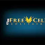 A vibrant logo for Free Cell Solitaire, featuring the games title in bold, golden letters with a crown above and playing cards displayed along the sides against a dark blue background