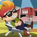 A cheerful cartoon boy with red hair and sunglasses relaxes in a deck chair by a pool, with a barn and pigs in the background
