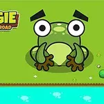 A colorful cartoon frog character sitting by a river, featured in a game titled Frogie: Cross the Road, with a bright green background, trees, and a playful design