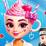 A lively illustration featuring a girl with a heart-themed hairstyle and facial makeup, a whimsical cup of dessert with cherry toppings, and a smiling character with heart-shaped eyes, all set against a colorful school corridor backdrop