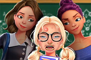 Three cartoon girls in a classroom, with the blonde girl in front wearing glasses and braces