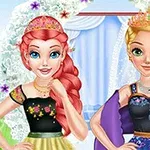 Two princess characters stand together in front of a floral archway, dressed in elegant outfits with crowns; one has red hair and a green skirt, while the other has blonde hair and a purple cape