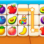 A colorful grid features various fruit illustrations including apples, avocados, bananas, and berries, alongside a cartoon caterpillar and star connections between matching pairs
