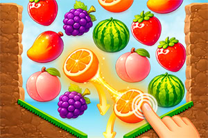 Colorful fruit-matching puzzle with apples, grapes, watermelon, oranges, and a hand tapping a glowing orange slice