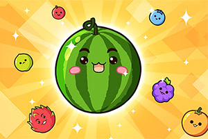 A cute, cartoonish watermelon character surrounded by colorful, smiling fruit with a sunny yellow background