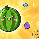 A cute, cartoonish watermelon character surrounded by colorful, smiling fruit with a sunny yellow background