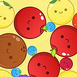 A colorful, cartoon-style arrangement of various fruits and a chocolate round object, featuring expressive faces and bright colors against a yellow background