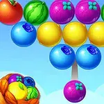 A colorful bubble shooter game screen featuring various fruit-themed bubbles, including orange, purple, yellow, and blue, arranged in a triangular pattern against a bright sky background