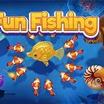 A colorful underwater scene featuring various cartoonish fish, including a golden fish and clownfish, with the playful text Fun Fishing prominently displayed at the top