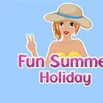 A cheerful cartoon woman in a yellow swimsuit and a wide-brimmed hat gives a peace sign against a light blue background, with the text Fun Summer Holiday in pink below her