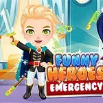 The image features two cartoon characters, a blonde boy in a heroic costume with a sword and a girl in a colorful superhero outfit, posing in a playful setting with the title Funny Heroes Emergency prominently displayed at the bottom