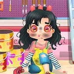 A cute cartoon girl with messy hair and paint stains on her face sits on the floor surrounded by colorful paint cans and tools, portraying a playful and creative atmosphere