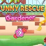 A colorful illustration featuring a cartoon-style gardener girl with freckles, wearing a green outfit and hat, with vibrant text stating Funny Rescue Gardener above her in a playful font, set against a garden backdrop