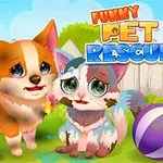 A cute cartoon-style image of a distressed puppy and kitten in a colorful backyard, featuring bright graphics, a playful atmosphere, and the title Funky Pet Rescue prominently displayed at the top