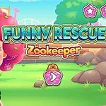 The image features a cartoon-style zookeeper with curly pink hair, looking worried while holding a snake, set against a bright, playful background with trees and game icons, labeled Funny Rescue: Zookeeper