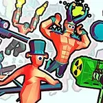 A colorful, cartoonish illustration featuring various playful characters in humorous poses, wielding different weapons and tools, including a green weapon, a top hat, and a shield, set against a vibrant background