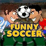 A colorful animated depiction of two cartoon soccer players heading a soccer ball, with bold text reading FUNNY SOCCER in the foreground against a soccer field backdrop